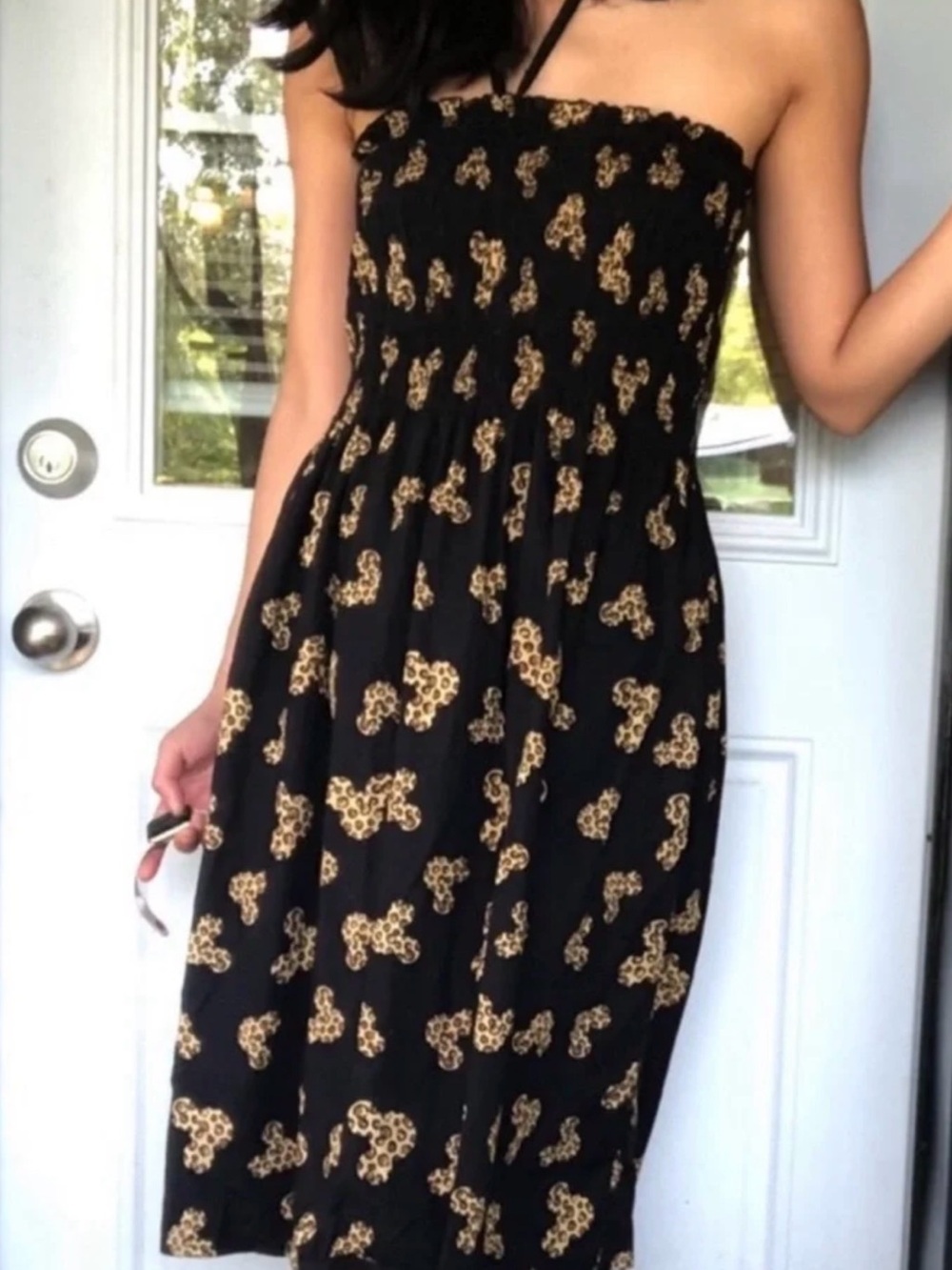 Disneyland Black Strapless Midi Dress with Gold Leopard Print